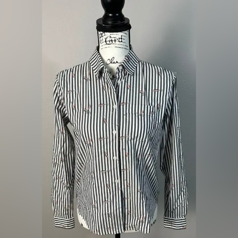 Banana Republic Quinn Boy Fit Champagne Print Striped Button Down Shirt L EUC